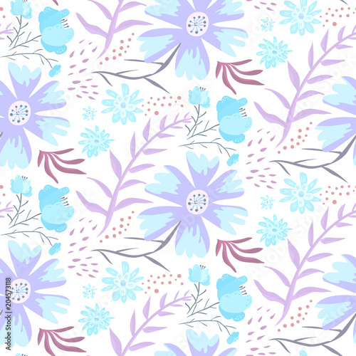 Tender blue and violet hand drawn floral seamless pattern. Gentle light texture with cute flowers, leaves, waterdrops for textile, wrapping paper, print design, wallpaper, surface
