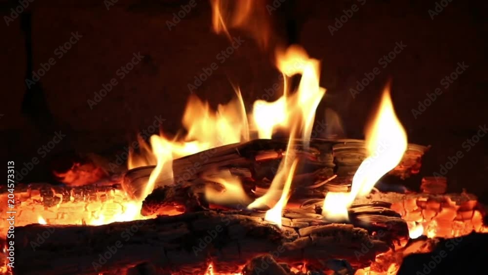 Hot coals and fire flames in fireplace, bonfire close-up. Hot coals and fire flames in fireplace, bonfire close-up.