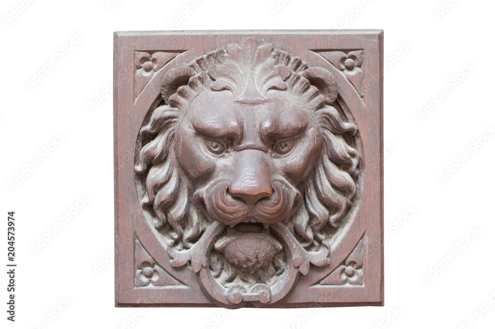 Vintage wooden brown lion head isolated on white background. Lion head sculpture. Wooden sculpture