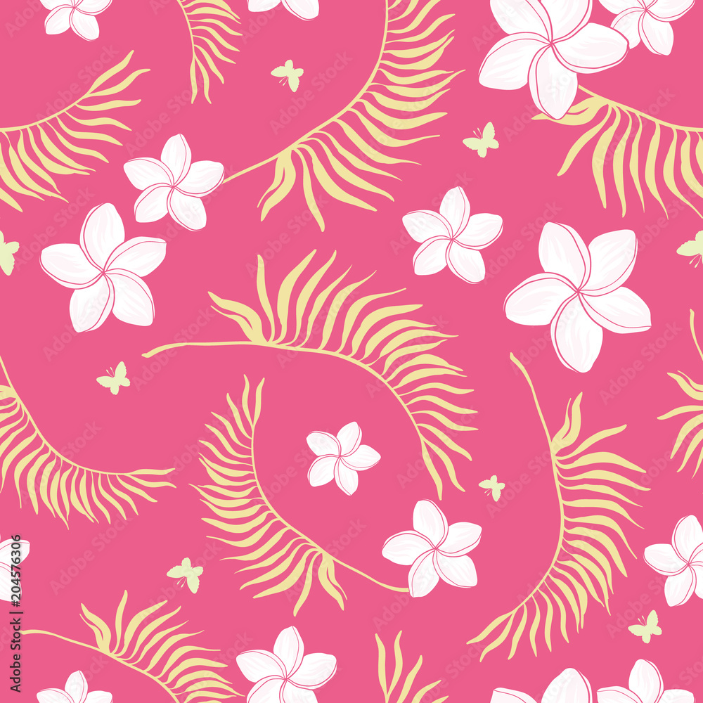 Tropical pink flowers seamless repeat pattern. Great for summer exotic wallpaper, backgrounds, packaging, fabric, and giftwrap projects. Surface pattern design.