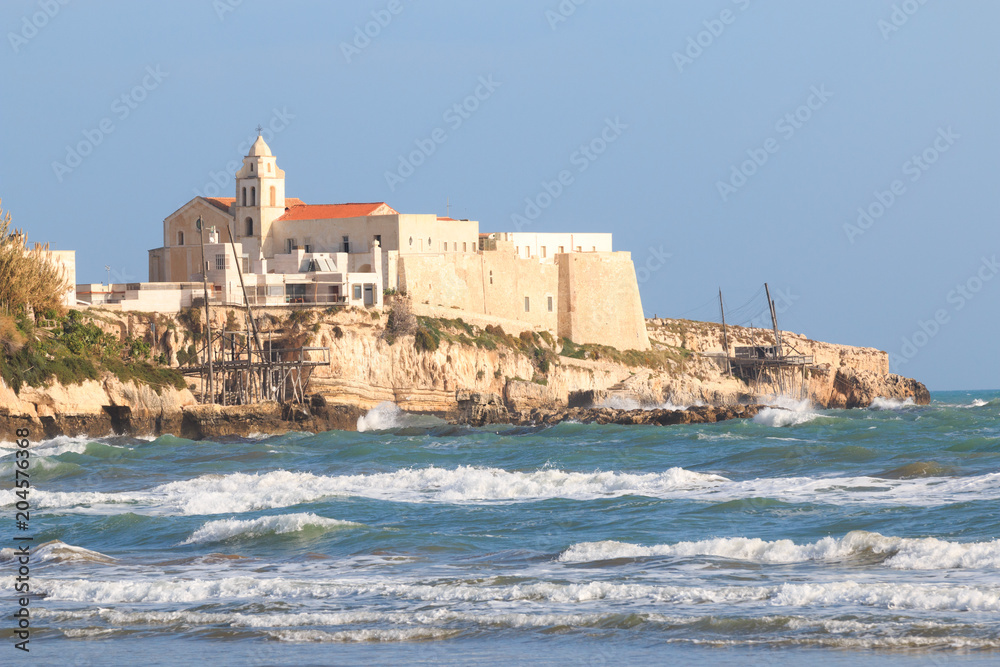 Italy, Foggia, Apulia, SE Italy, Gargano National Park,Vieste. Gargano peninsula,Medieval facade of St. Francis church. Italy, Foggia, Apulia, SE Italy, Gargano National Park,Vieste. Gargano peninsula,Medieval facade of St. Francis church.
