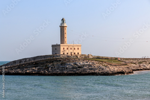 Italy, Foggia, Apulia, SE Italy, Gargano National Park, Vieste. Faro di Isola Santa Eufemia. Light house on the Island of St. Eufemia.