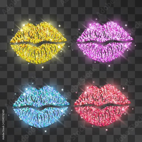 Golden glitter kiss imprint, glamorous confetti makeup symbol set. Glowing mouth silhouette decorated with shining sparkles. Luxurious feminine icon. Vector pixie banner, poster design element.