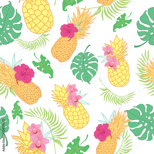 Tropical pineapples seamless repeat pattern. Great for summer exotic wallpape...