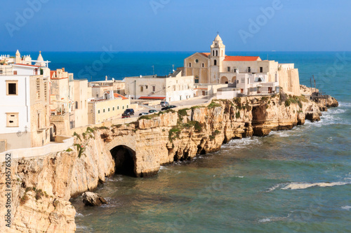 Italy, Foggia, Apulia, SE Italy, Gargano National Park,  Vieste. Old town of Vieste cityscape with medieval church at the tip of the peninsula of this fishing village in Gargano, Apulia, Italy.
