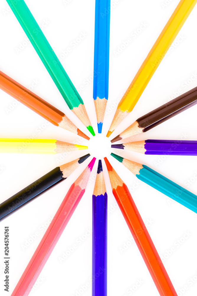Group of pencils of colors against a white background with space copy