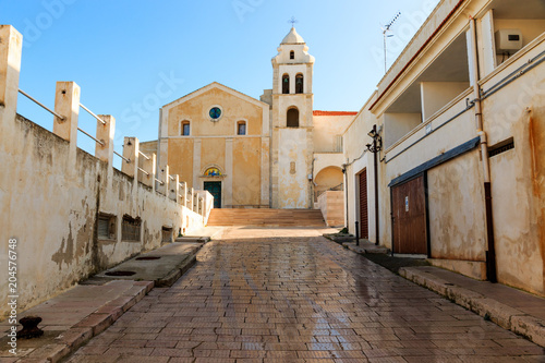 Italy, Foggia, Apulia, SE Italy, Gargano National Park,Vieste. Gargano peninsula,Medieval facade of St. Francis church.
