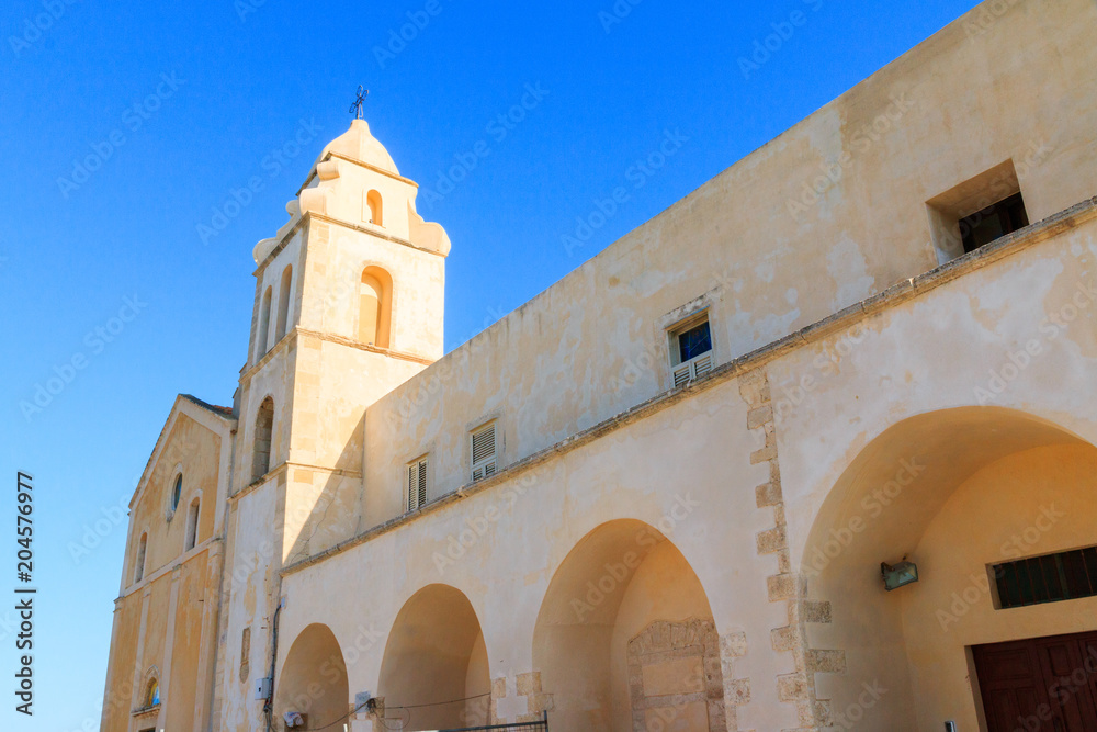 Italy, Foggia, Apulia, SE Italy, Gargano National Park,Vieste. Gargano peninsula, Medieval facade of St. Francis church.