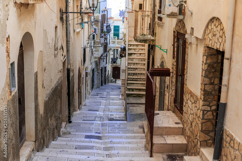 Italy, Foggia, Apulia, SE Italy, Gargano National Park, Vieste. Old city, pedestrian streets. Stairways between neighborhoods.