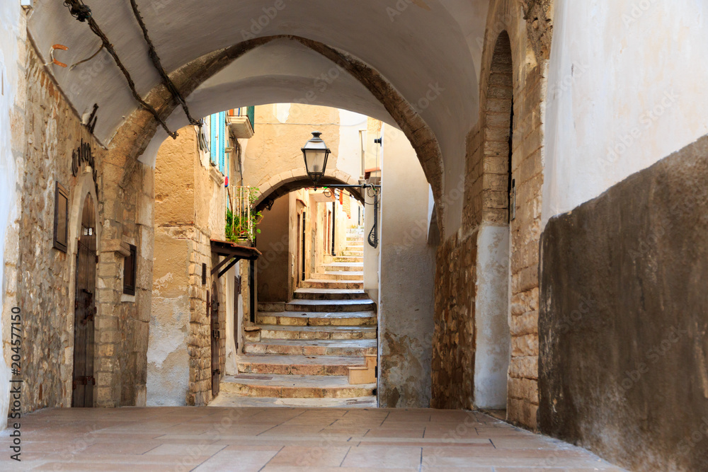 Italy, Foggia, Apulia, SE Italy, Gargano National Park, Vieste. Old city, pedestrian arched pathways, streets. Stairways.