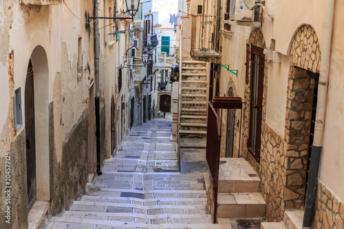Italy, Foggia, Apulia, SE Italy, Gargano National Park, Vieste. Old city, pedestrian streets. Stairways between neighborhoods.