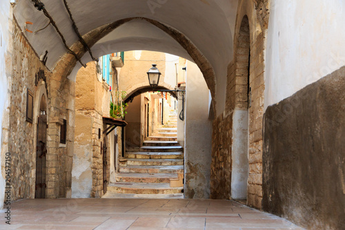 Italy, Foggia, Apulia, SE Italy, Gargano National Park, Vieste. Old city, pedestrian arched pathways, streets. Stairways. photo