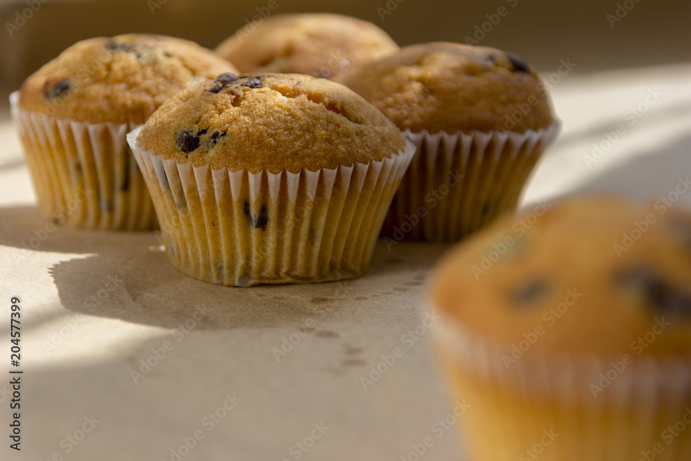 Homemade cupcakes with chocolate lit by the morning sun from the window. Homemade cupcakes with chocolate lit by the morning sun from the window.