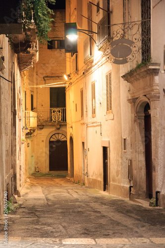 Italy, SE Italy, Ostuni. City streets., Old town at night. The "White City."
