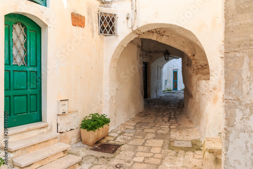 Fototapeta Naklejka Na Ścianę i Meble -  Italy, SE Italy, Ostuni. Narrow, arched old town . Green Doorways.The 
