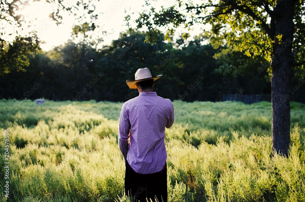 Cowboy in rural farm pasture during sunset in western wear. Cowboy in rural farm pasture during sunset in western wear.