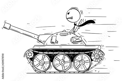 Cartoon stick man drawing conceptual illustration of businessman or politician in small tank or tankette going to enjoy the fighting, killing and destruction. Business concept of war as political game