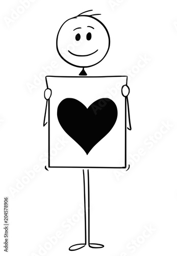 Cartoon stick man drawing conceptual illustration of man or businessman holding sign with big heart symbol. Concept of love declaration.