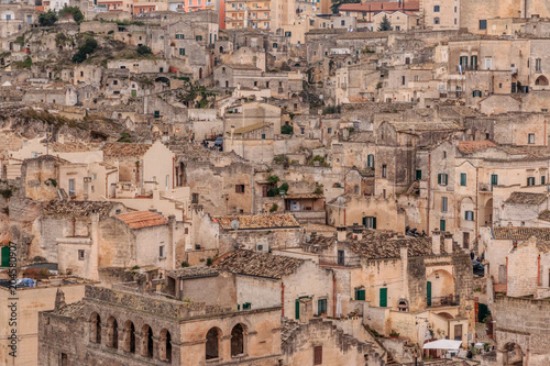 Italy, Southern Italy, Region of Basilicata, Province of Matera, Matera. Small cobblestone streets and stairways of the town. Overview.
