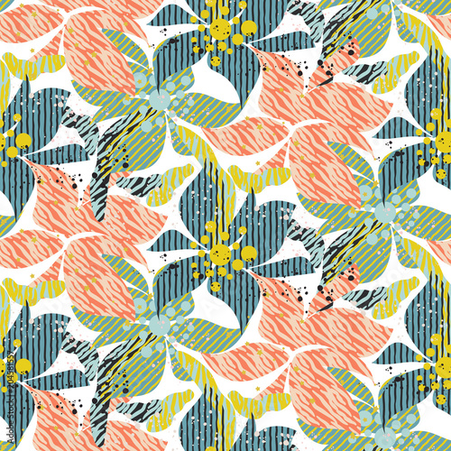 Seamless pattern with bold colorful flowers with shaded texture.