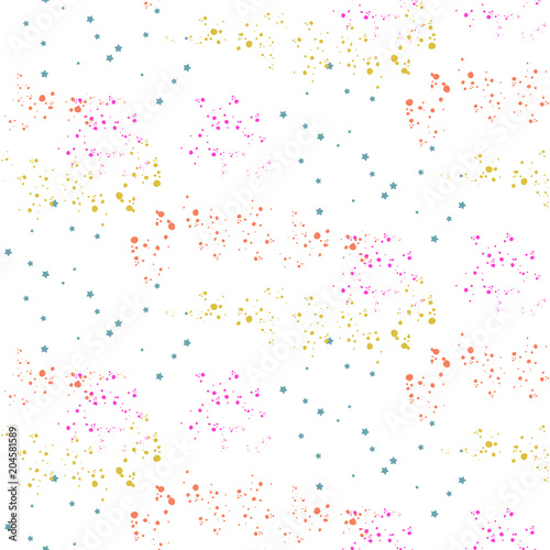 Abstract stardust seamless pattern. Neon dotted spots on white baclground.