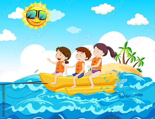 Children Riding Banana Boat at the Beach