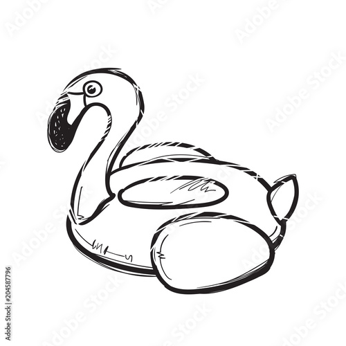 Flamingo swim ring. Pool float. Inflatable flamingo. Swimming circle. Life buoy. Rubber or inflatable ring. Vector illustration in sketch style
