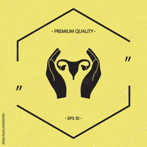 Hands holding Female uterus - protection icon