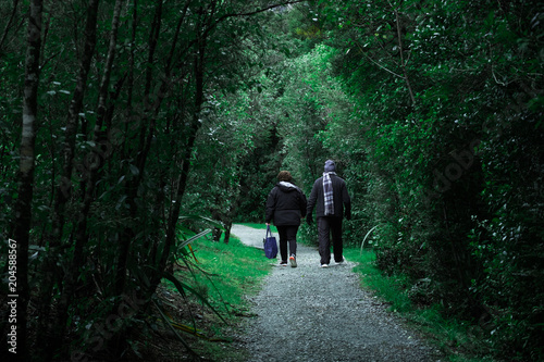 The elderly couple doing exercise by walking together in the green forest park in the morning. © Klanarong Chitmung