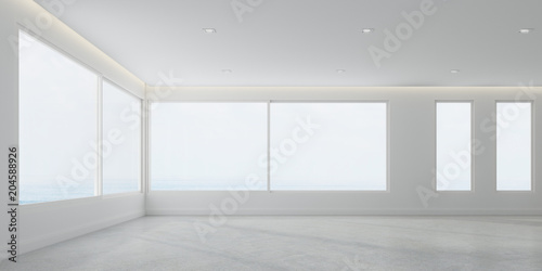 3D rendering of white room space with interior lighting and sun light cast the window shadow on the wall and floor Perspective of minimal design architecture 