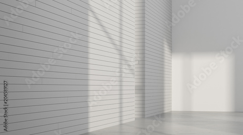 3D rendering of the empty room space with sun light cast the window shadow on the plank wall and interior lighting,Perspective of minimal design architecture.