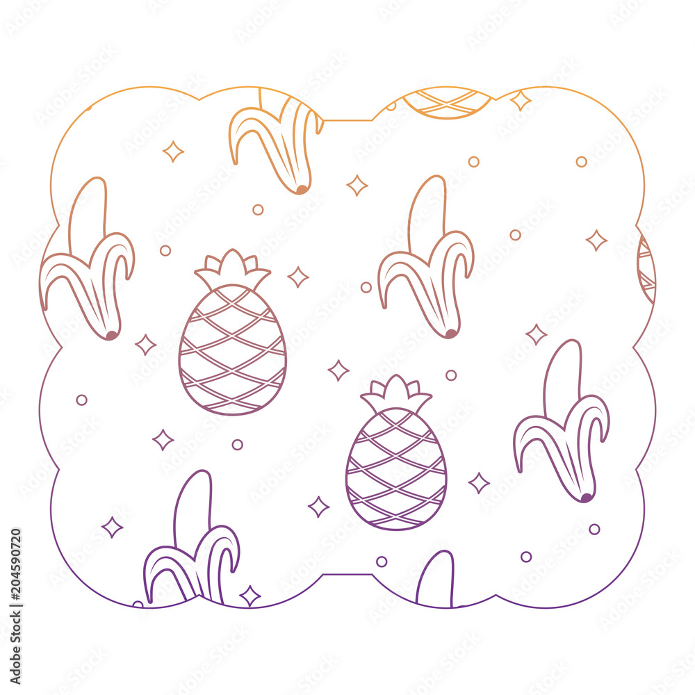 decorative frame with pineapples and bananas pattern over white background, vector illustration