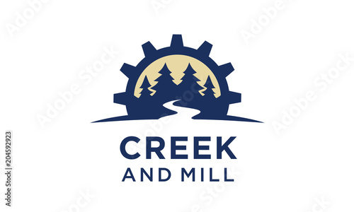 River Creek Wheel Gear Mill Cog, Fir Pines Evergreen Forest Nature logo design 