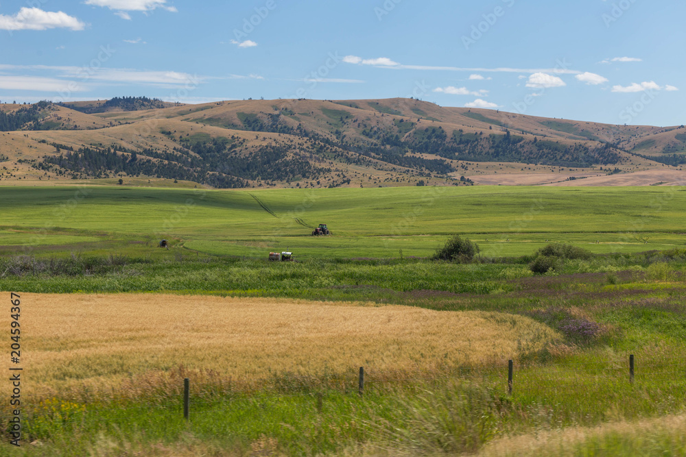 Expansive view of farm land field with tractor in central Montana.