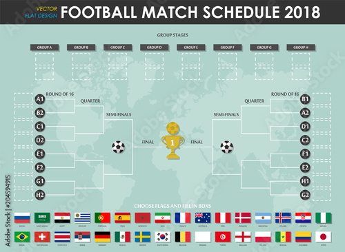 Football or soccer cup match schedule and wall chart . Vector for international world championship tournament 2018 . Flat design