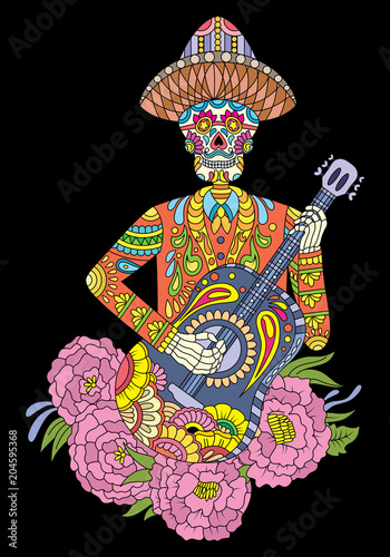 Day of The Dead colorful Sugar Skull with roses and guitar. Design elements label, emblem, poster, t-shirt. Vector illustration