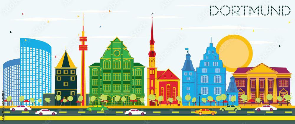 Dortmund Germany City Skyline with Color Buildings and Blue Sky.