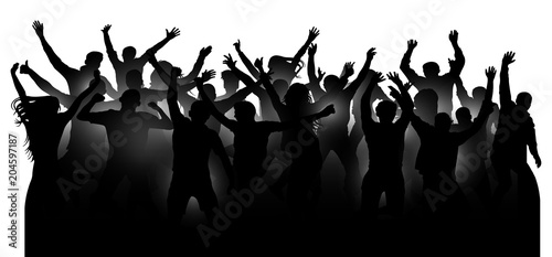 Crowd of cheerful people, dancing at the music concert, party, festival, club. Audience cheer hands up. Mob fans applauding, isolated silhouette vector. Sports fans applause