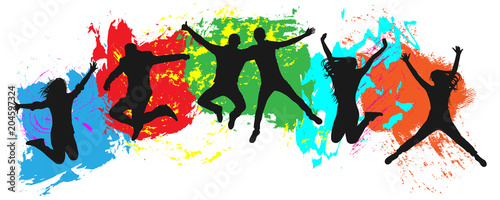 Jumping youth on colorful background. Jumps of cheerful young people, friends...