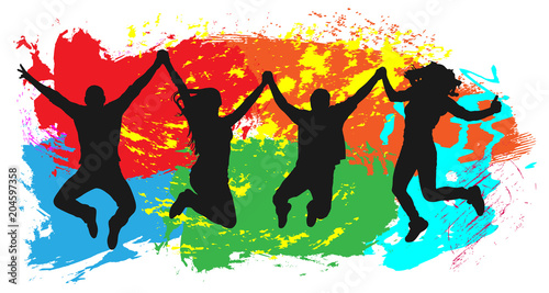 Jumping youth on colorful background. Jumps of cheerful young people, friends