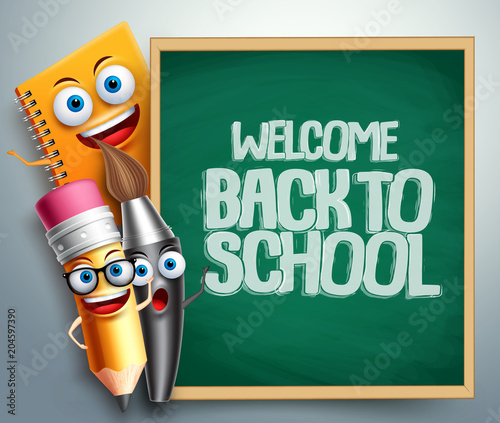 Back to school banner with vector cartoon characters and education items like chalkboard with space for text. Vector illustration background template.
