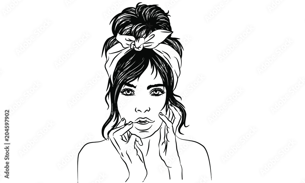 beautiful girl looks at herself and touches her face beautiful girl looks at herself and touches her face