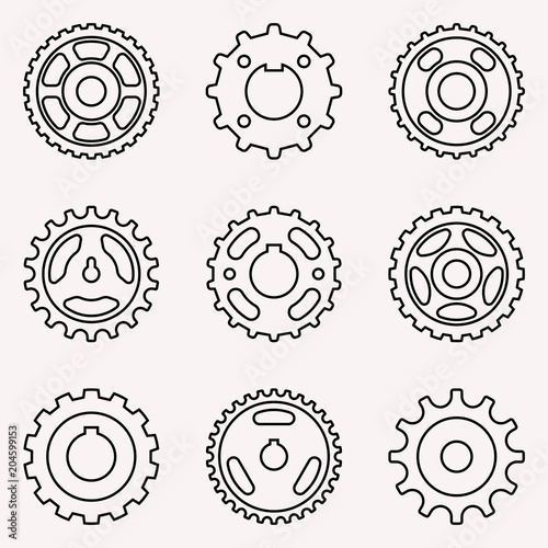 Set of sprocket wheel and pulley. Vector thin line
