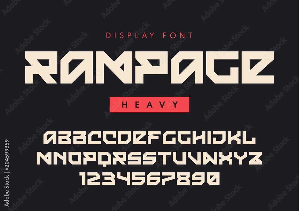 Vector modern heavy display font named Rampage, blocky typeface,