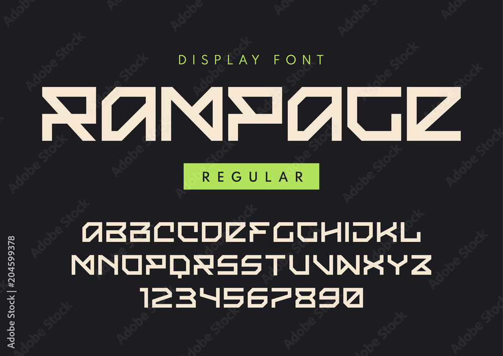 Vector modern regular display font named Rampage, blocky typefac