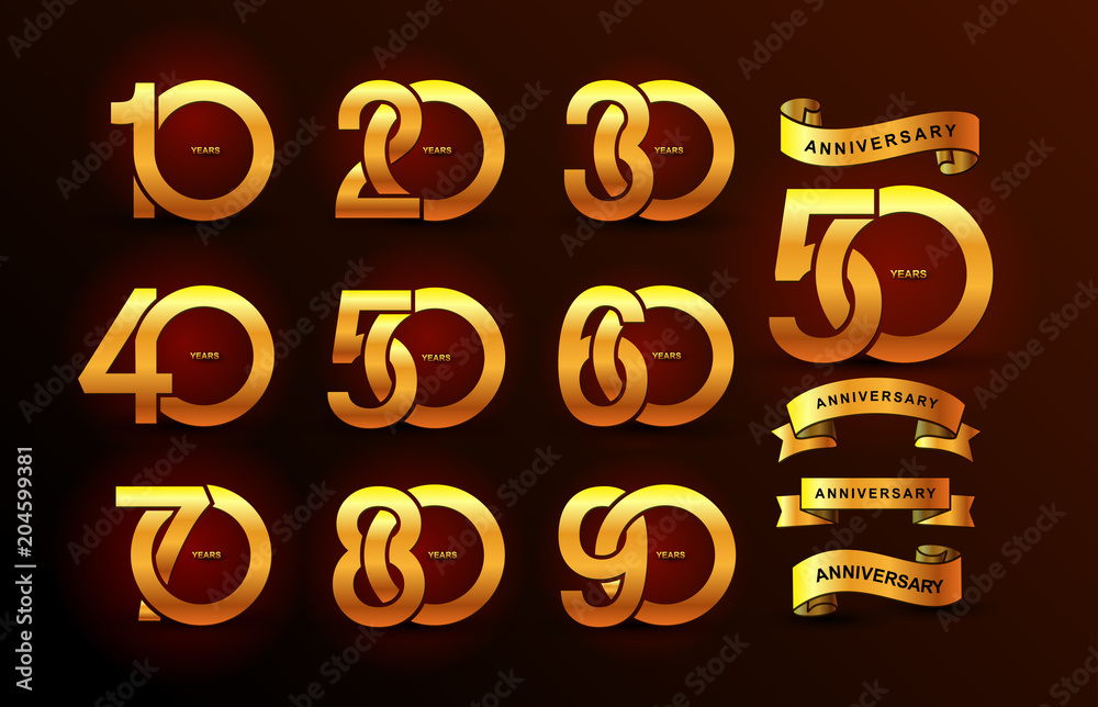 Set of anniversary pictogram gold icon. Flat design. 10, 20, 30, 40, 50