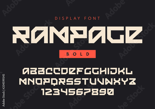 Vector modern bold display font named Rampage, blocky typeface, 