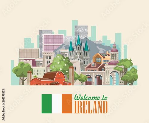 Photography Ireland vector illustration with landmarks, irish castle, green fields