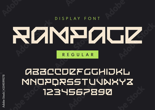 Vector modern regular display font named Rampage, blocky typefac