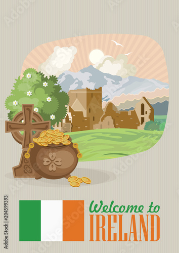 Ireland vector illustration with landmarks, irish castle, green fields.